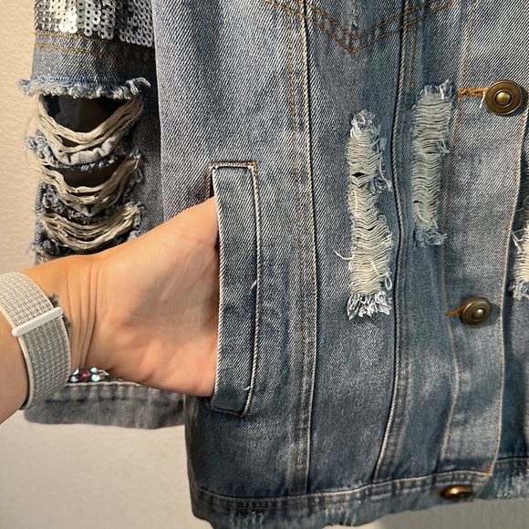 Macaron Distressed Denim Jacket With Sequin Sleeves (Size S) - Picture 10 of 12